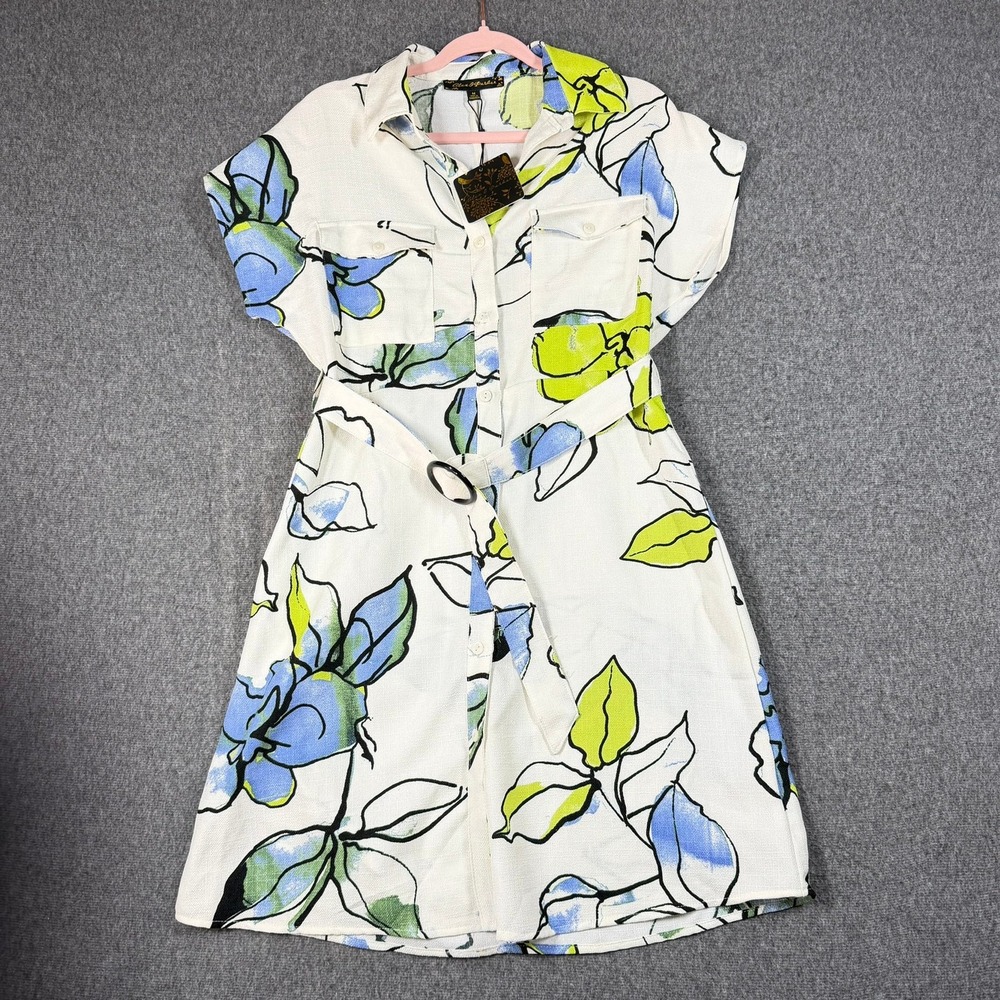 Alex & Parker Floral Short Sleeve Belted Shirt Dress Cream Sage Size Medium